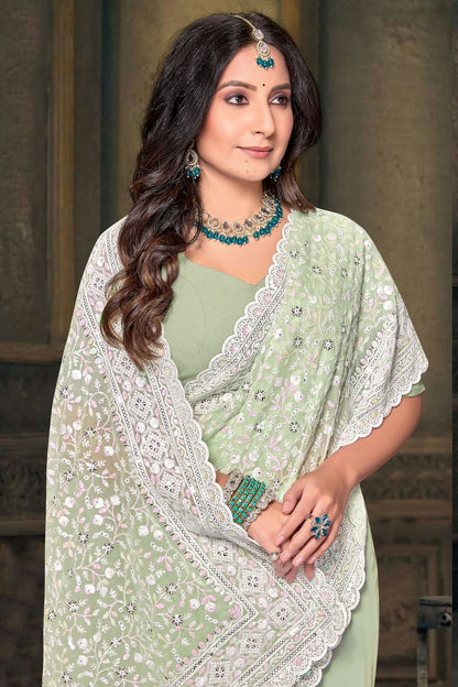 Pista Green Colour Georgette Designer Saree