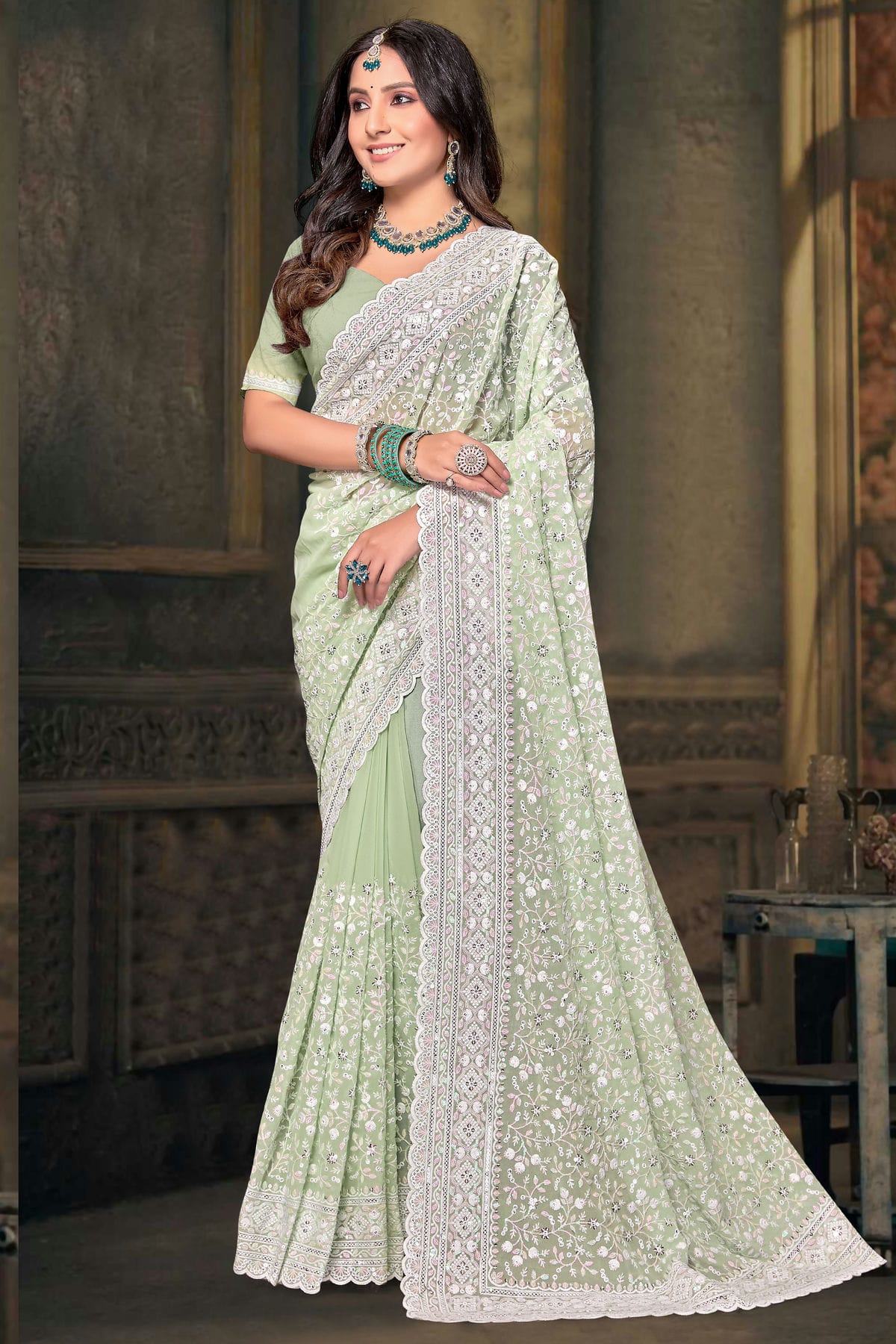 Pista Green Colour Georgette Designer Saree