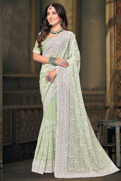 Pista Green Colour Georgette Designer Saree