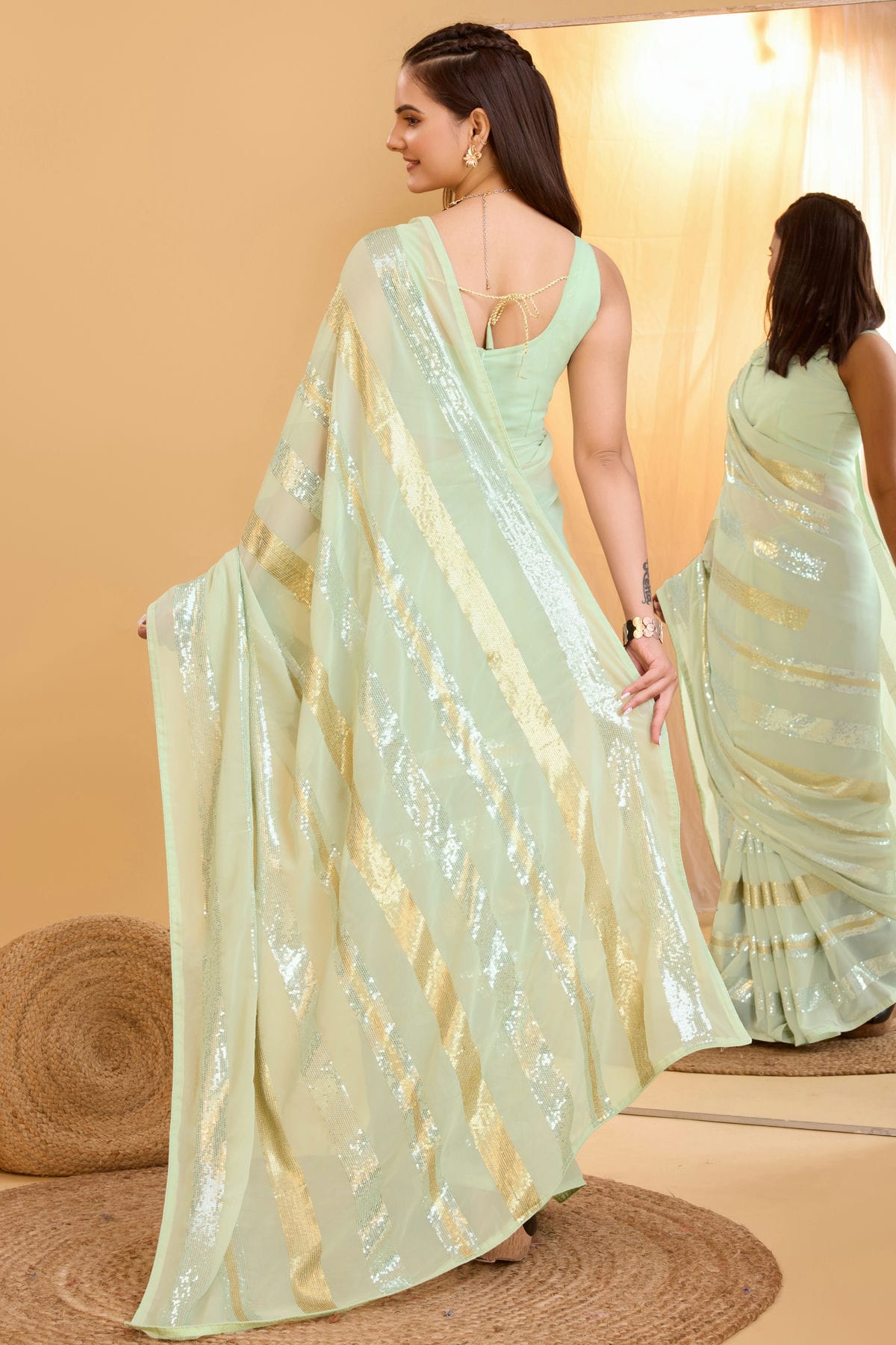 Pista Green Colour Georgette Saree VSSD1110005