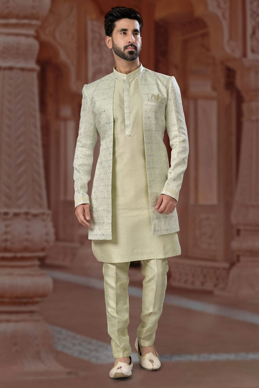 Pista Green Colour Jacquard and Silk Dhupion Sherwani VSSH1040570