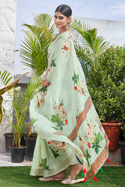 Pista Green Colour Linen Blend Printed Saree VSSD1111639