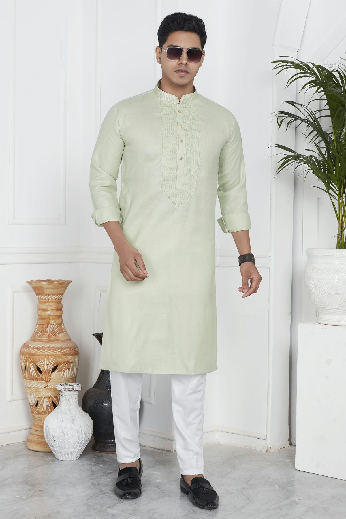 Pista Green Colour Linen Cotton Pintex Work Kurta Pajama VSKP1230123