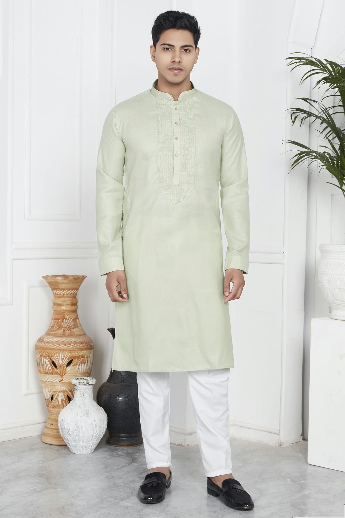 Pista Green Colour Linen Cotton Pintex Work Kurta Pajama