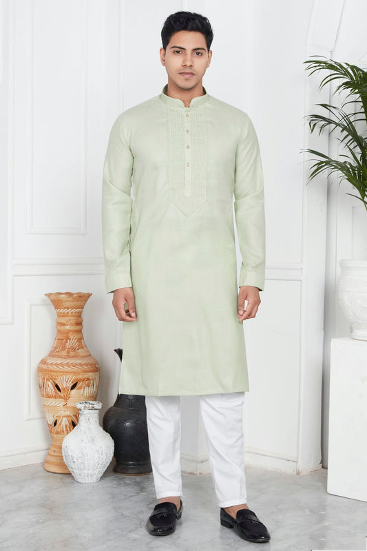 Pista Green Colour Linen Cotton Pintex Work Kurta Pajama