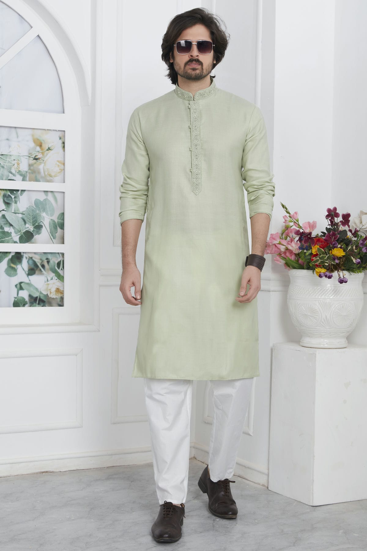Pista Green Colour Linen Cotton Thread Work Kurta Pajama VSKP1230146
