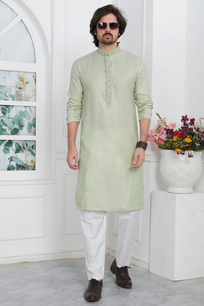 Pista Green Colour Linen Cotton Thread Work Kurta Pajama VSKP1230146