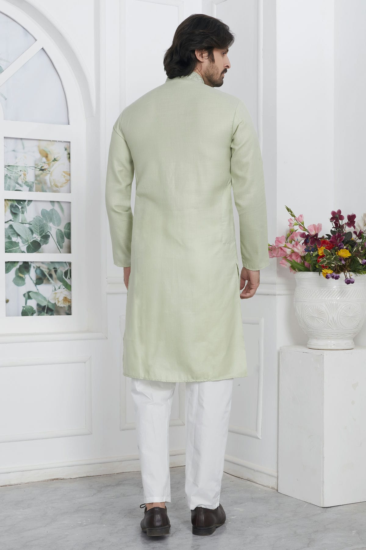 Pista Green Colour Linen Cotton Thread Work Kurta Pajama VSKP1230146