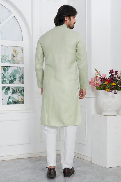 Pista Green Colour Linen Cotton Thread Work Kurta Pajama VSKP1230146