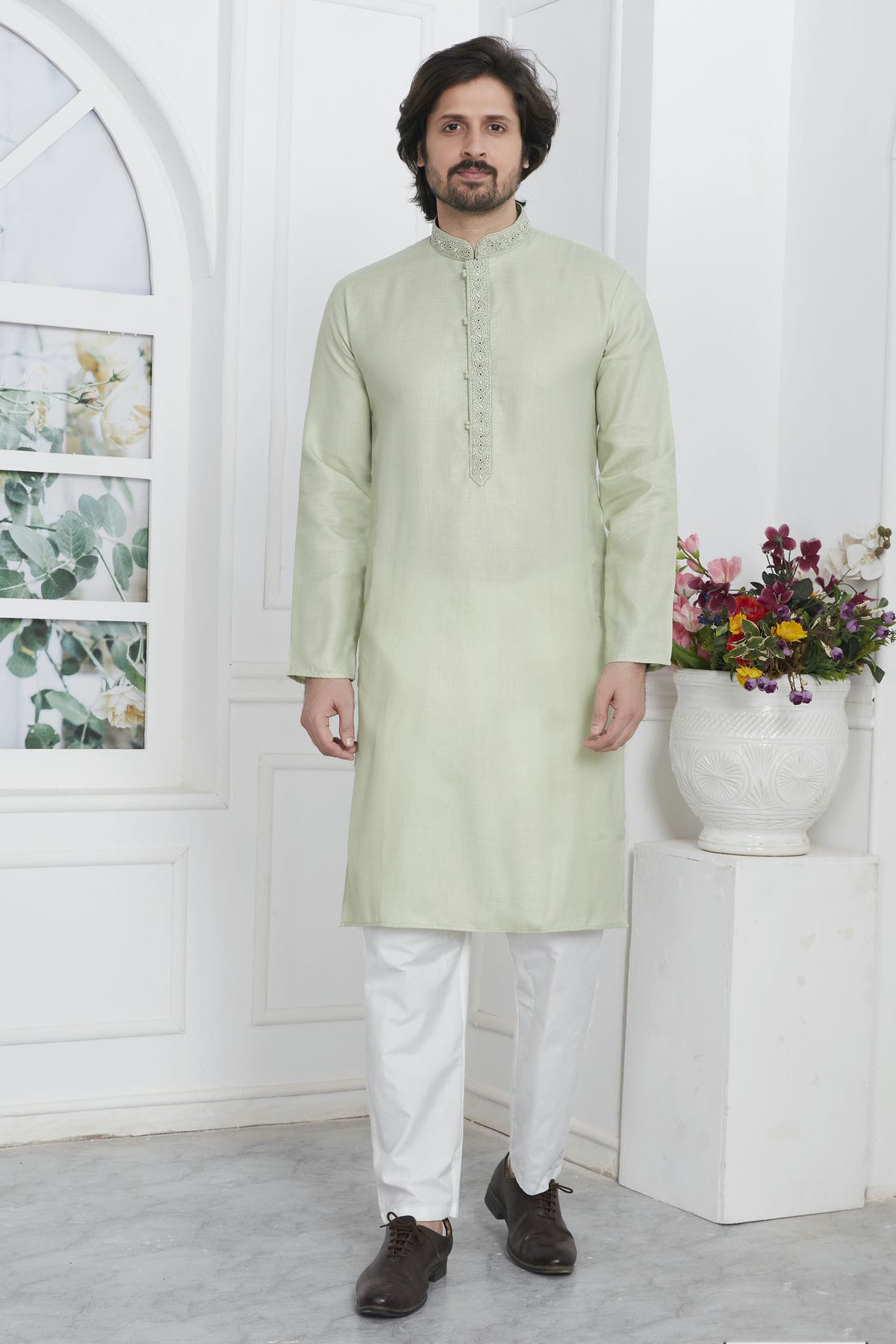 Pista Green Colour Linen Cotton Thread Work Kurta Pajama