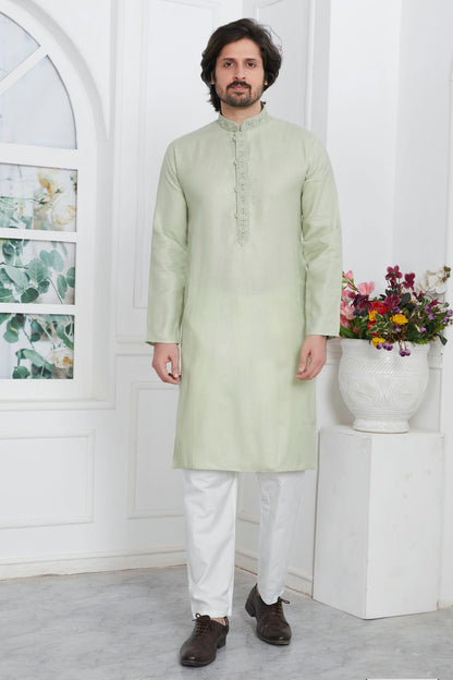 Pista Green Colour Linen Cotton Thread Work Kurta Pajama