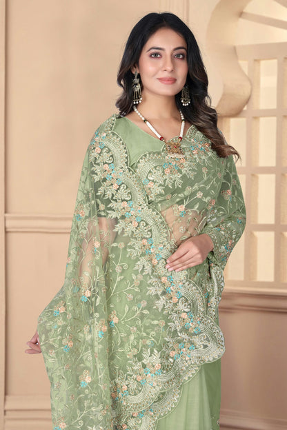 Pista Green Colour Net Designer Saree