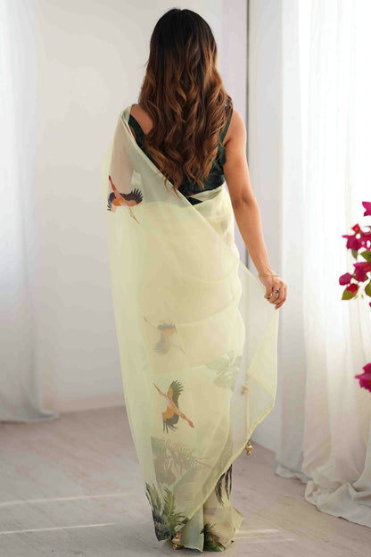 Pista Green Colour Organza Printed Saree VSSD1113843