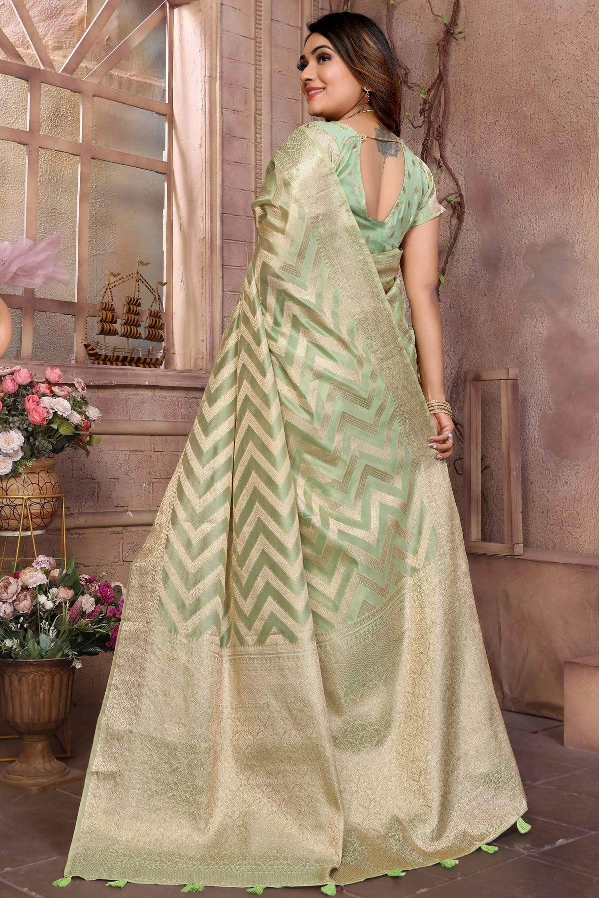 Pista Green Colour Organza Saree