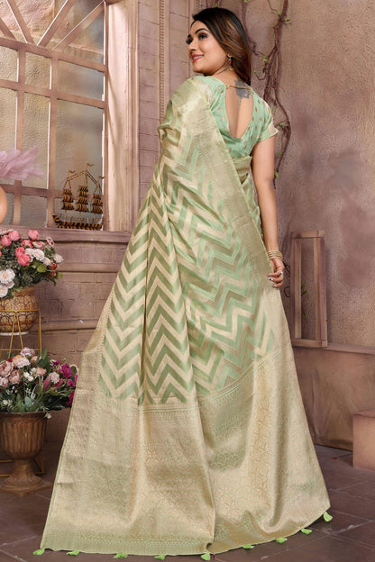 Pista Green Colour Organza Saree