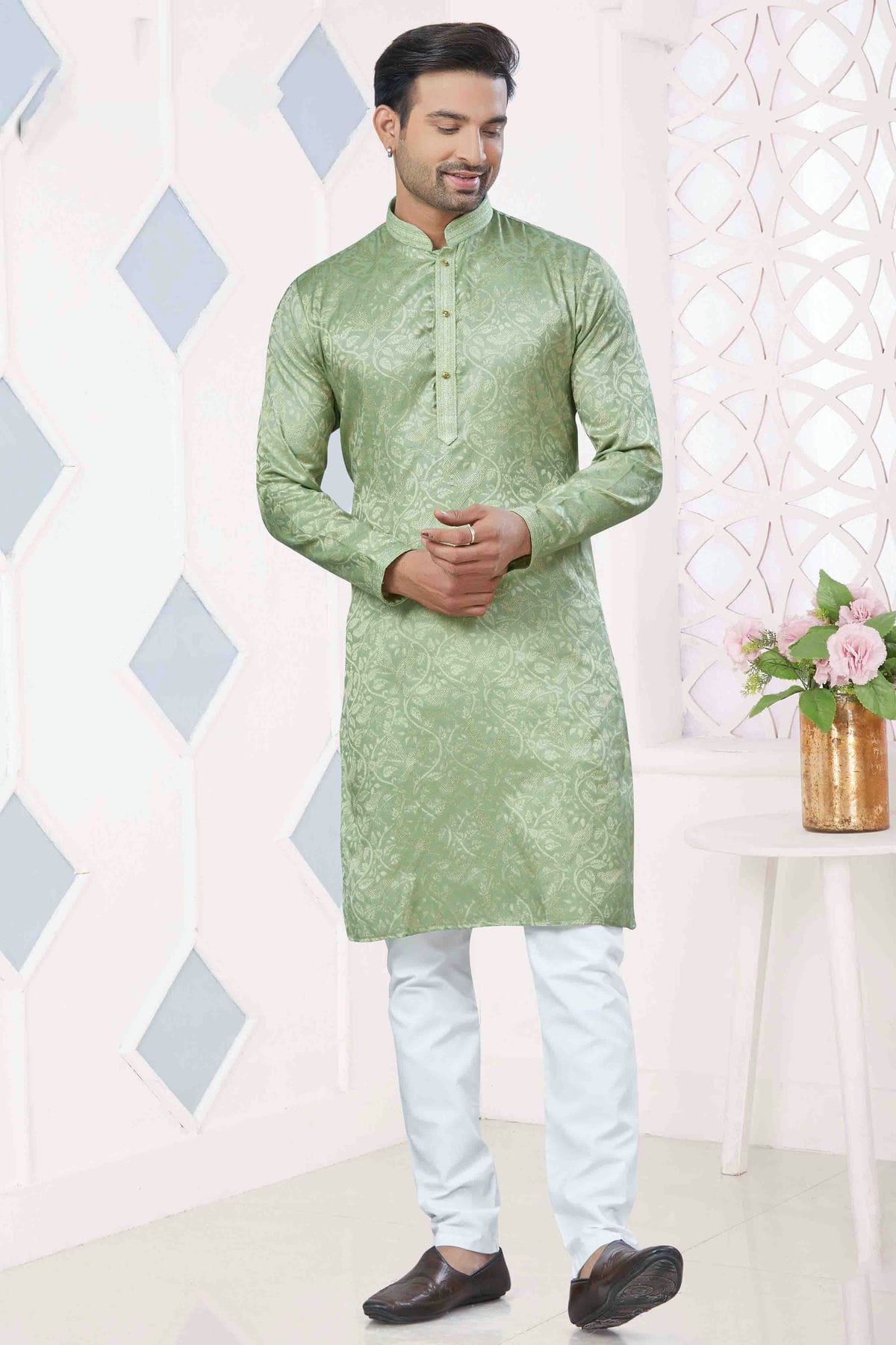 Pista Green Colour Pintex Work and Woven Jacquard Silk Kurta Pajama VSKP1113401