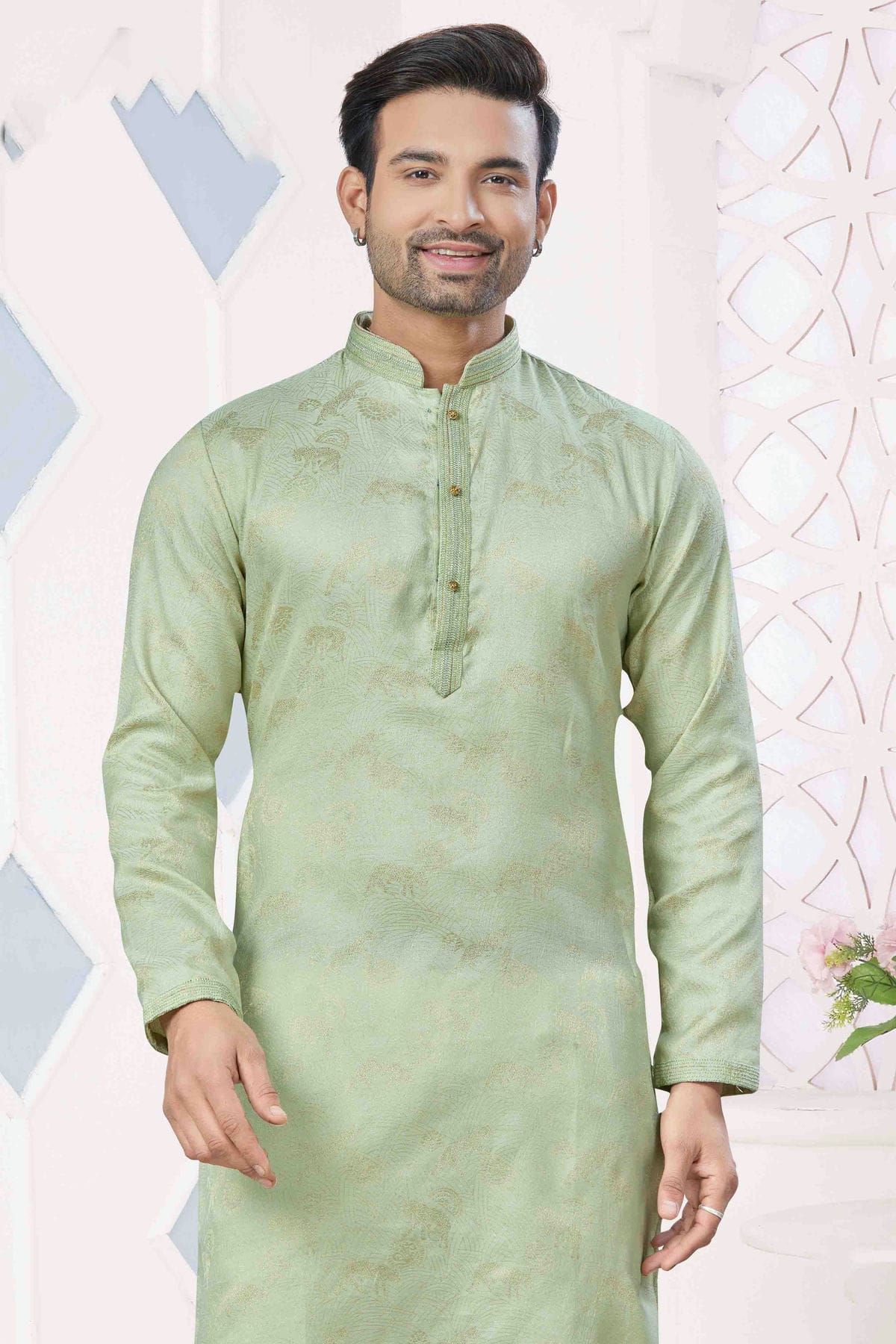 Pista Green Colour Pintex Work and Woven Jacquard Silk Kurta Pajama VSKP1113406