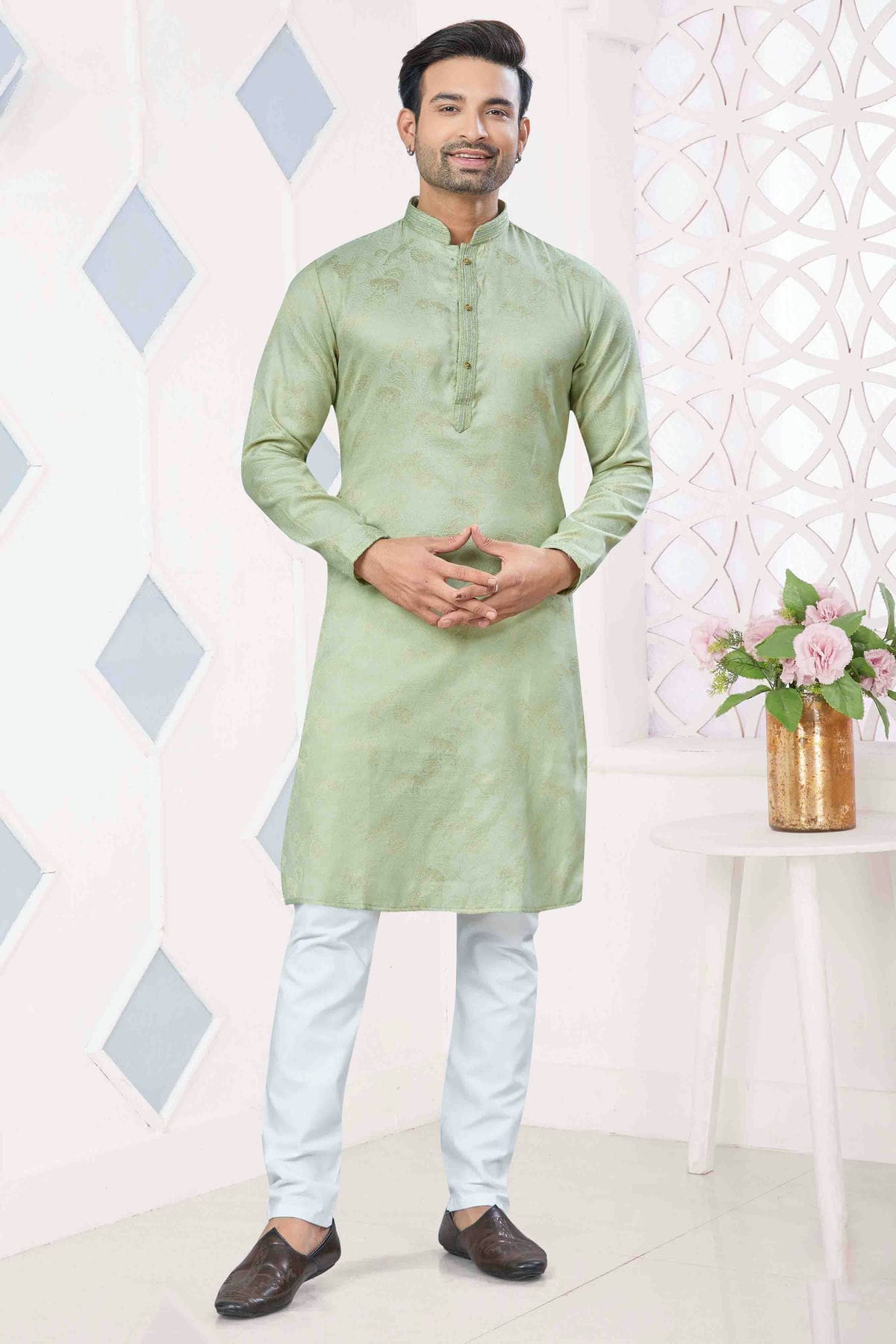 Pista Green Colour Pintex Work and Woven Jacquard Silk Kurta Pajama VSKP1113406