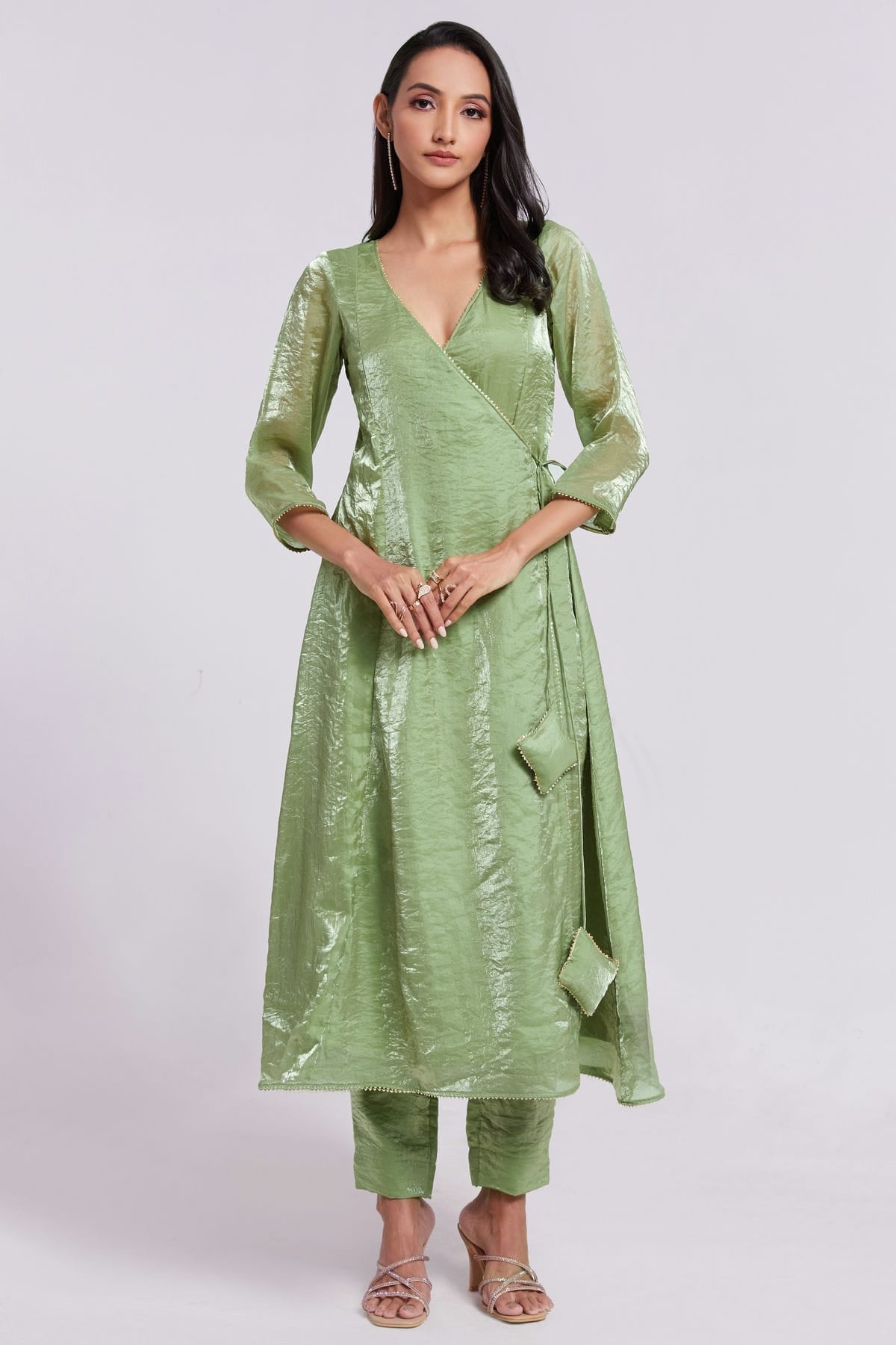 Pista Green Colour Pure Organza Indo Western Dress