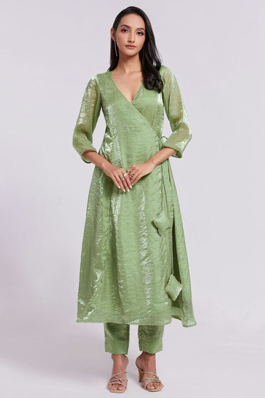 Pista Green Colour Pure Organza Indo Western Dress