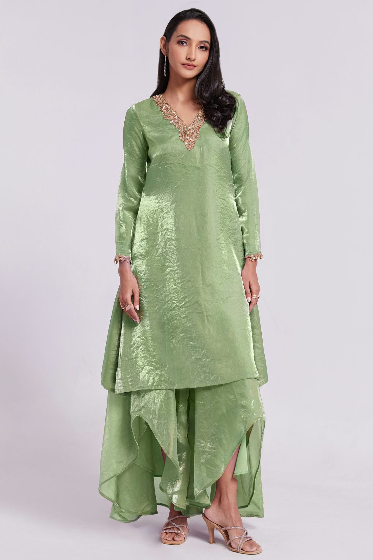 Pista Green Colour Pure Organza Indo Western Dress