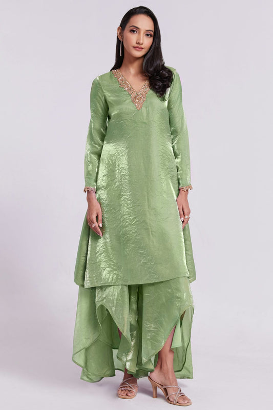 Pista Green Colour Pure Organza Indo Western Dress