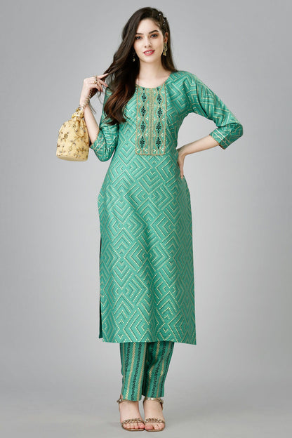 Pista Green Colour Rayon Kurta And Pant Set