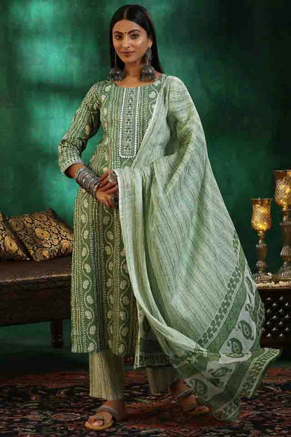 Pista Green Colour Roman Slub Printed Pant Style Suit VSSS1113697