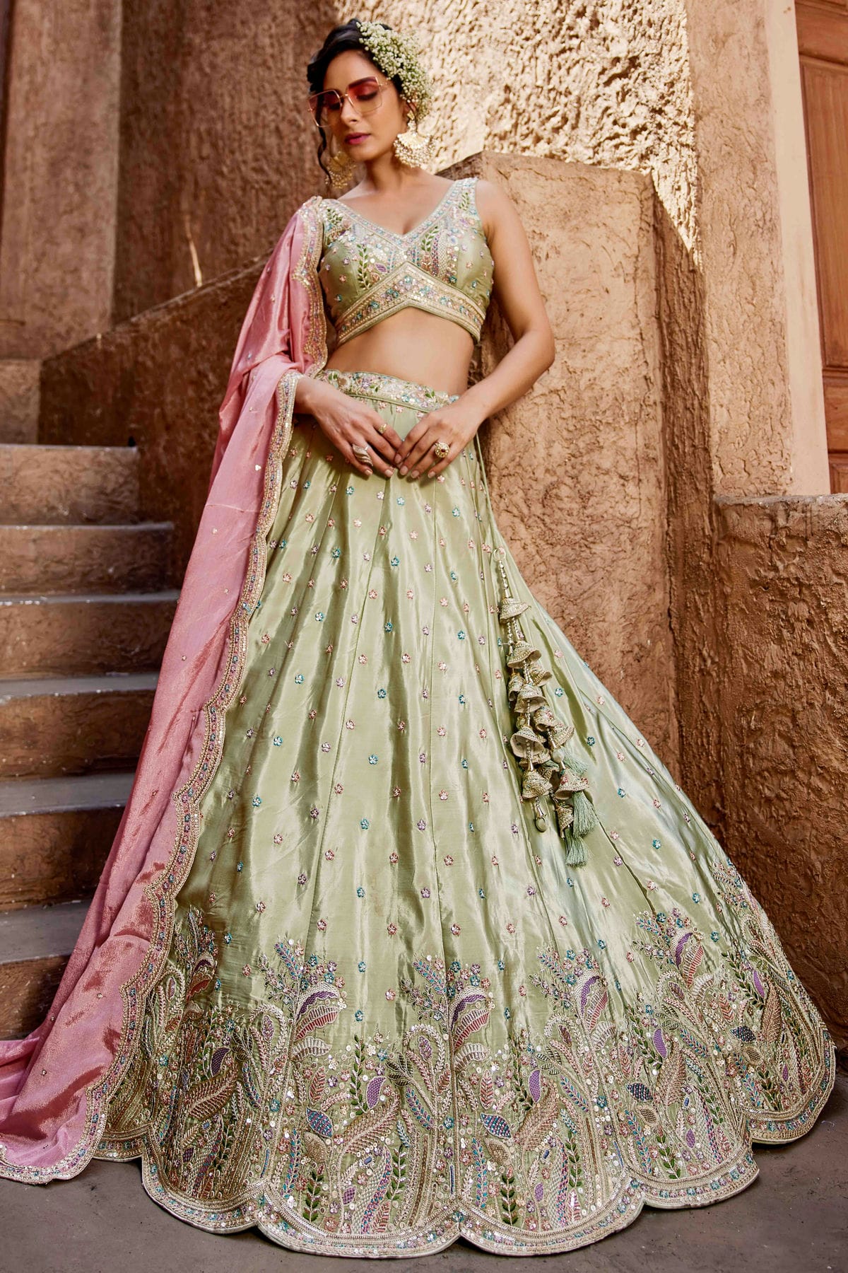 Pista Green Colour Satin Lehenga Choli VSLC1113186