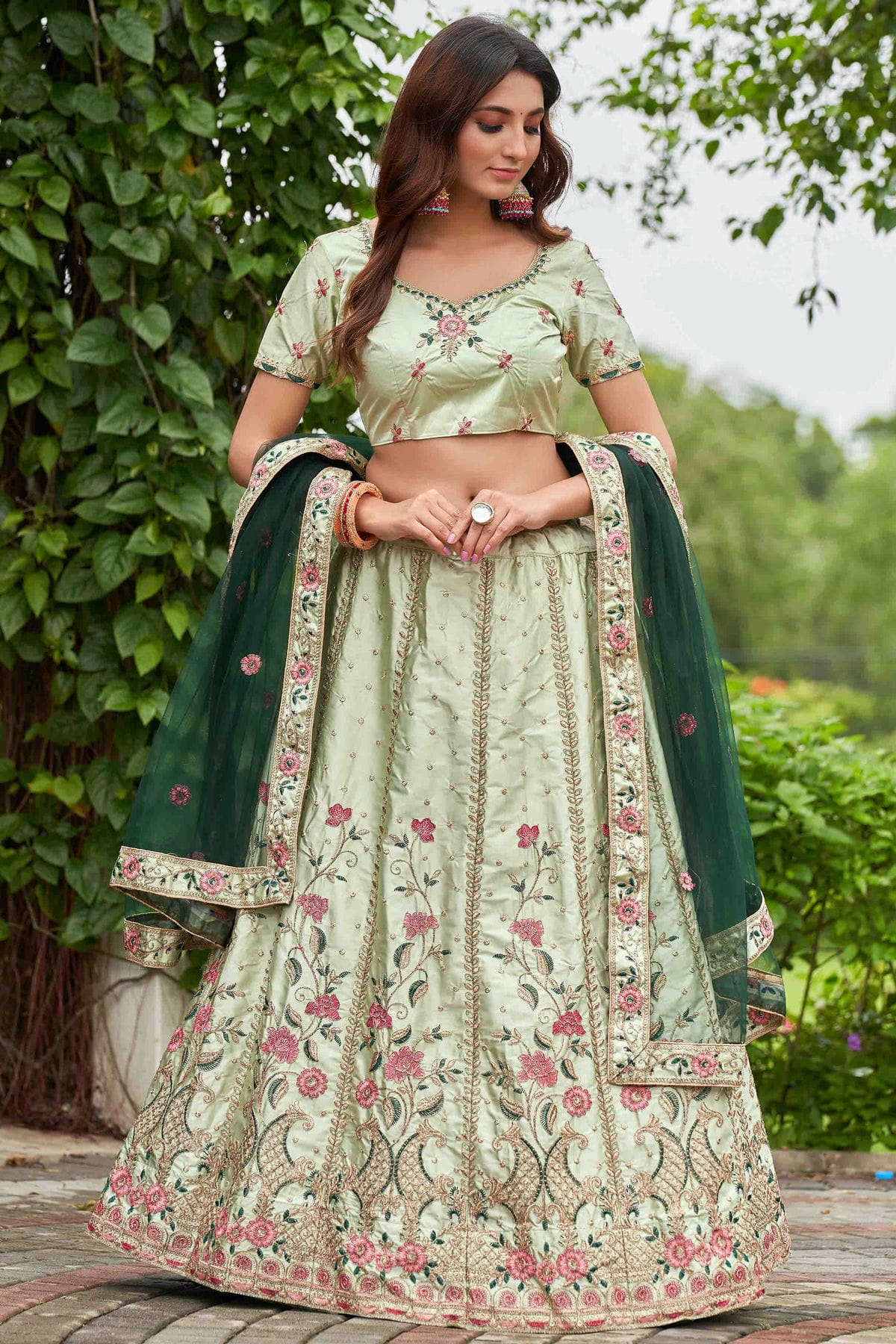 Pista Green Colour Satin Silk Semi Stitched Lehenga Choli VSLC1170075