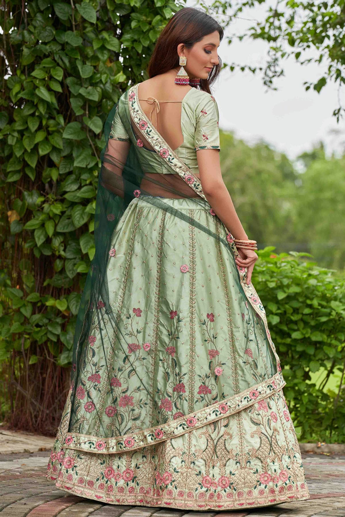 Pista Green Colour Satin Silk Semi Stitched Lehenga Choli VSLC1170075