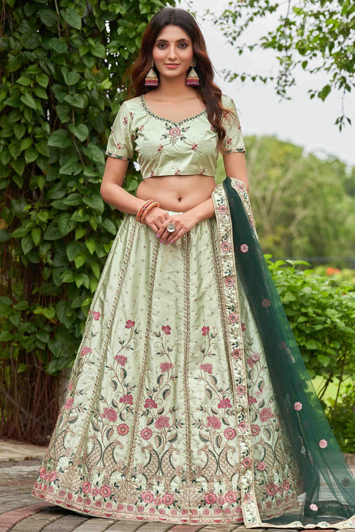 Pista Green Colour Satin Silk Semi Stitched Lehenga Choli VSLC1170075
