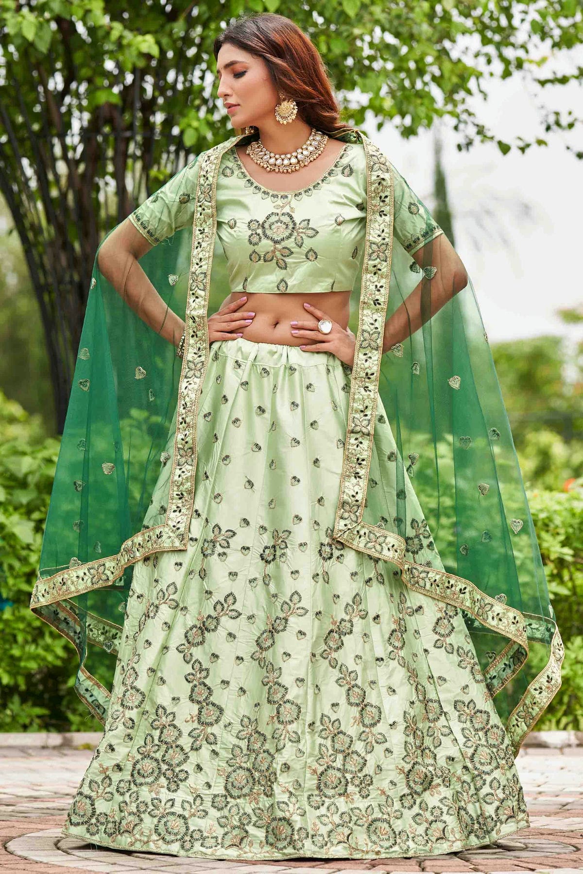 Pista Green Colour Satin Silk Semi Stitched Lehenga Choli VSLC1170078