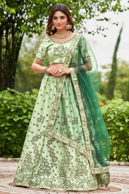 Pista Green Colour Satin Silk Semi Stitched Lehenga Choli VSLC1170078