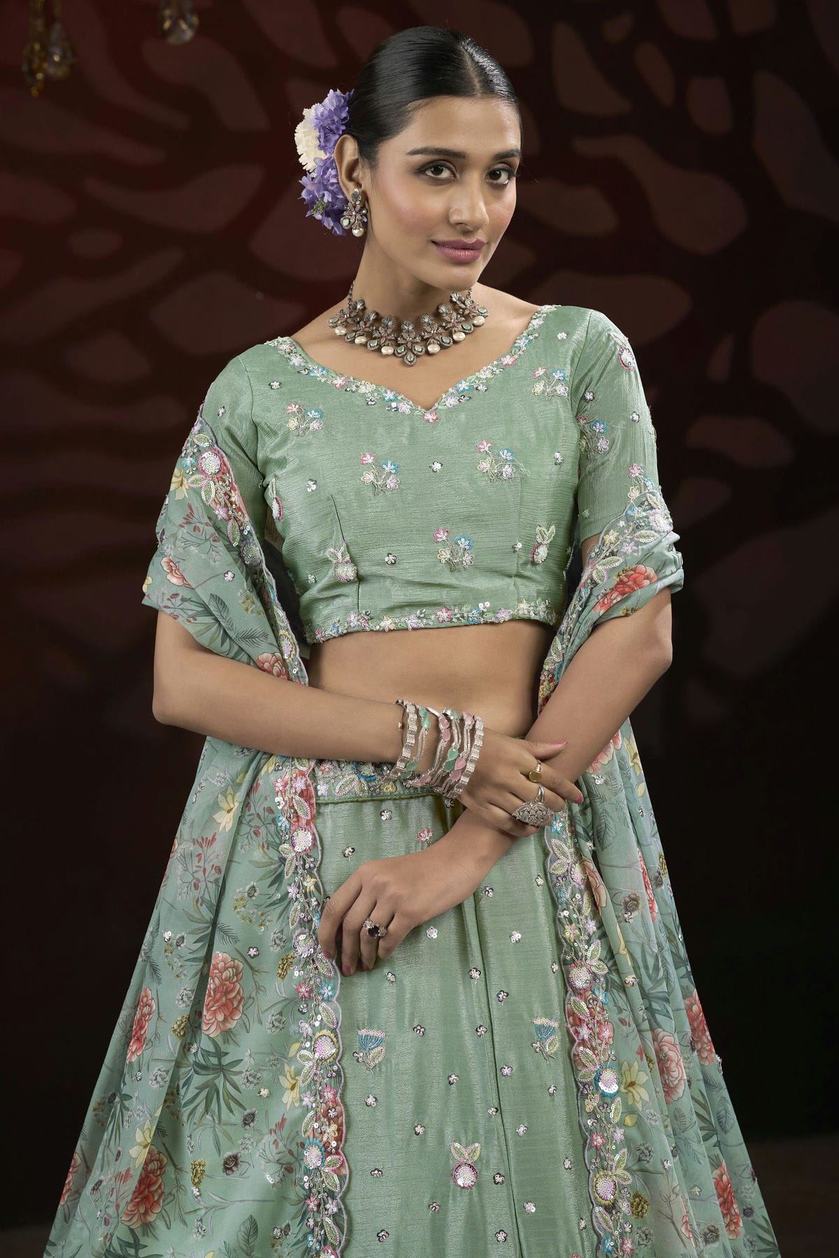 Pista Green Colour Semi Stitched Chinon Lehenga Choli VSLC1112514