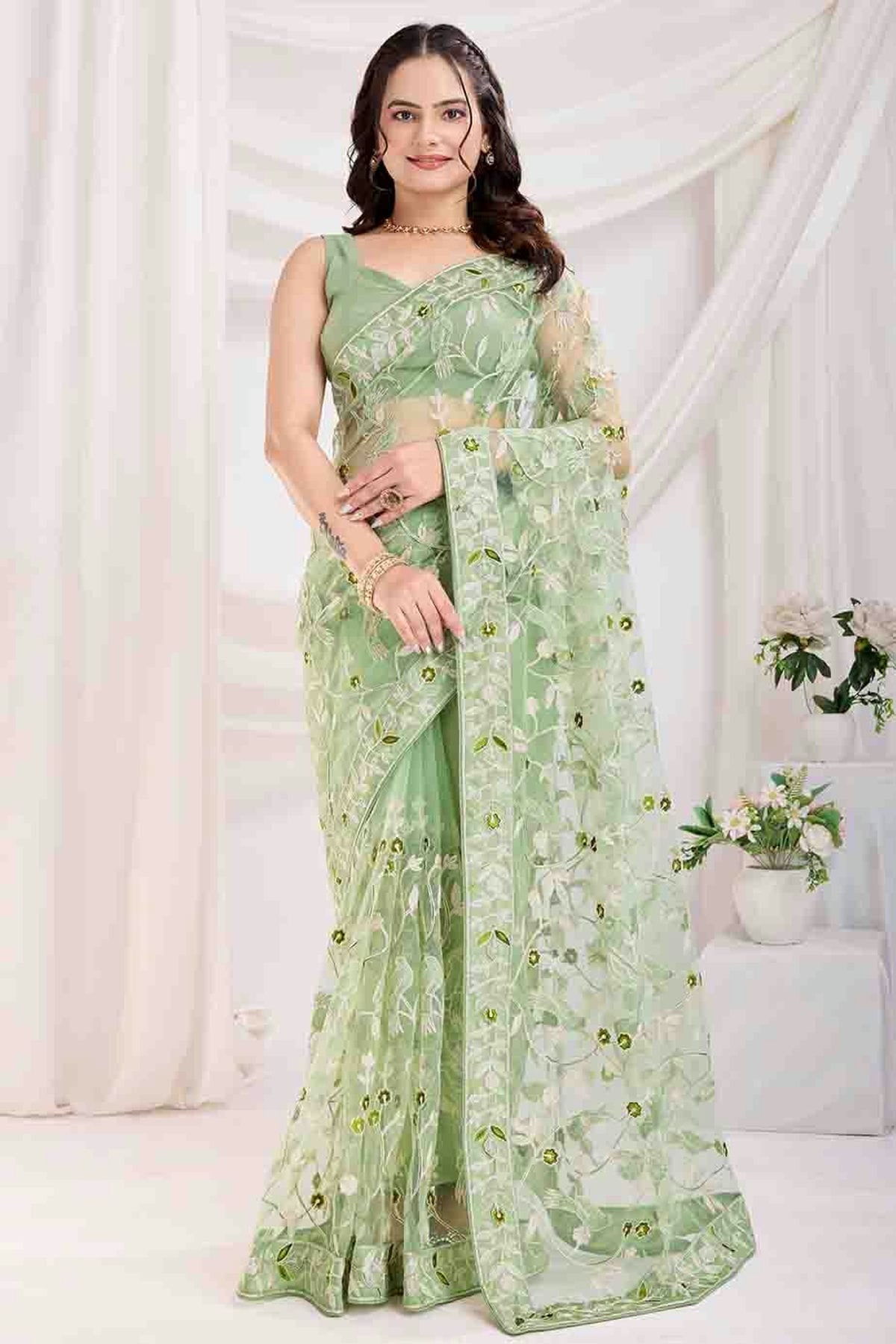 Pista Green Colour Soft Net Designer Saree VSSD1112860