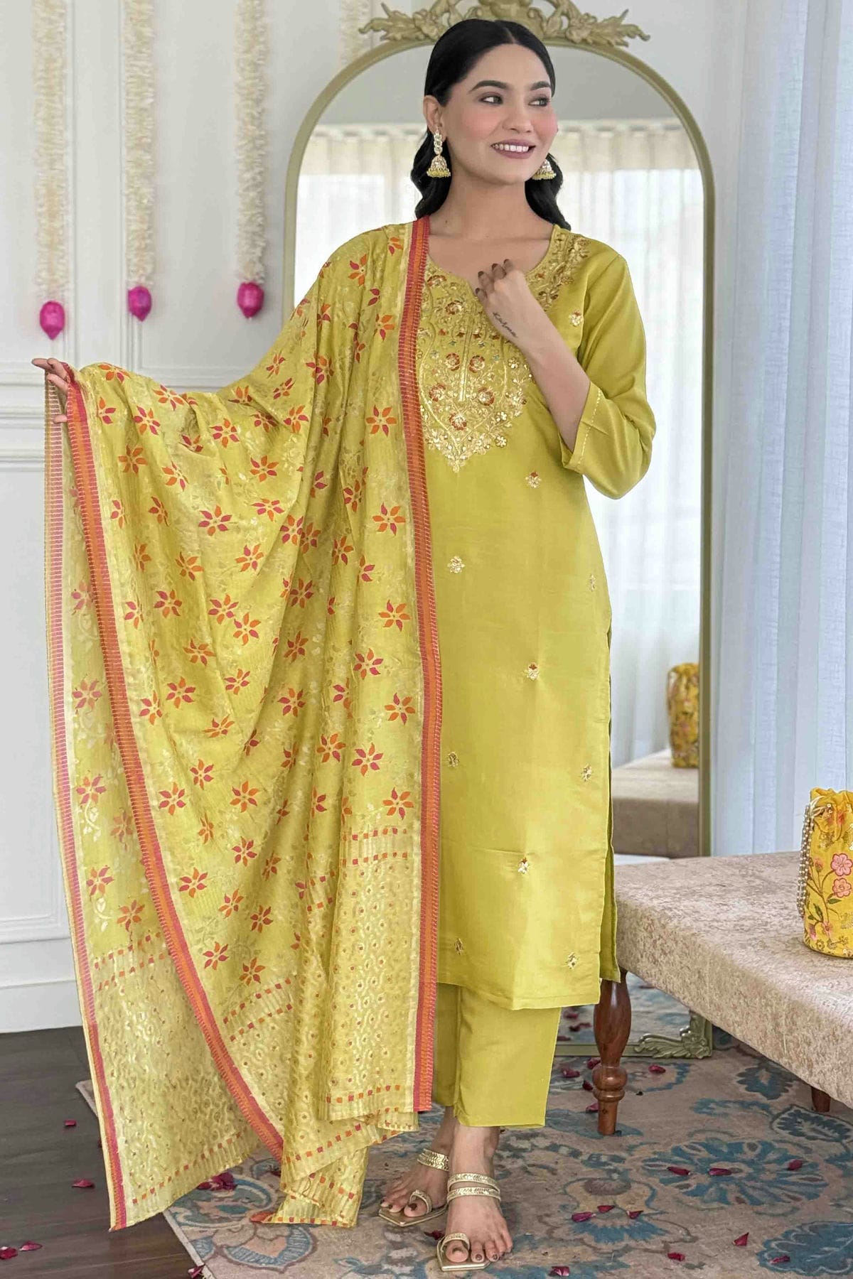 Pista Green Colour Viscose Chanderi Embroidery Pant Style Suit VSSS1113642