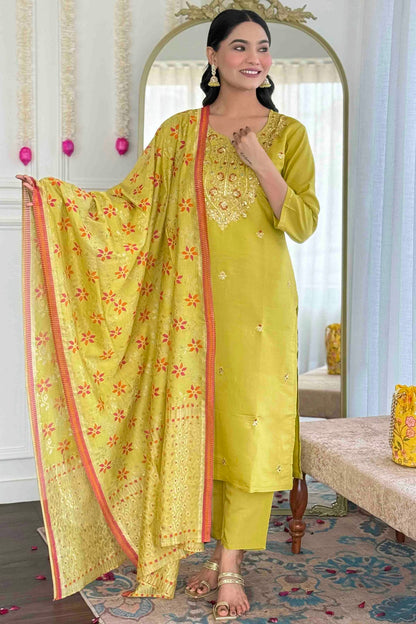 Pista Green Colour Viscose Chanderi Embroidery Pant Style Suit VSSS1113642