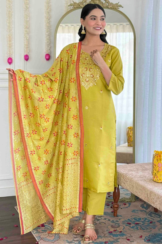 Pista Green Colour Viscose Chanderi Embroidery Pant Style Suit VSSS1113642