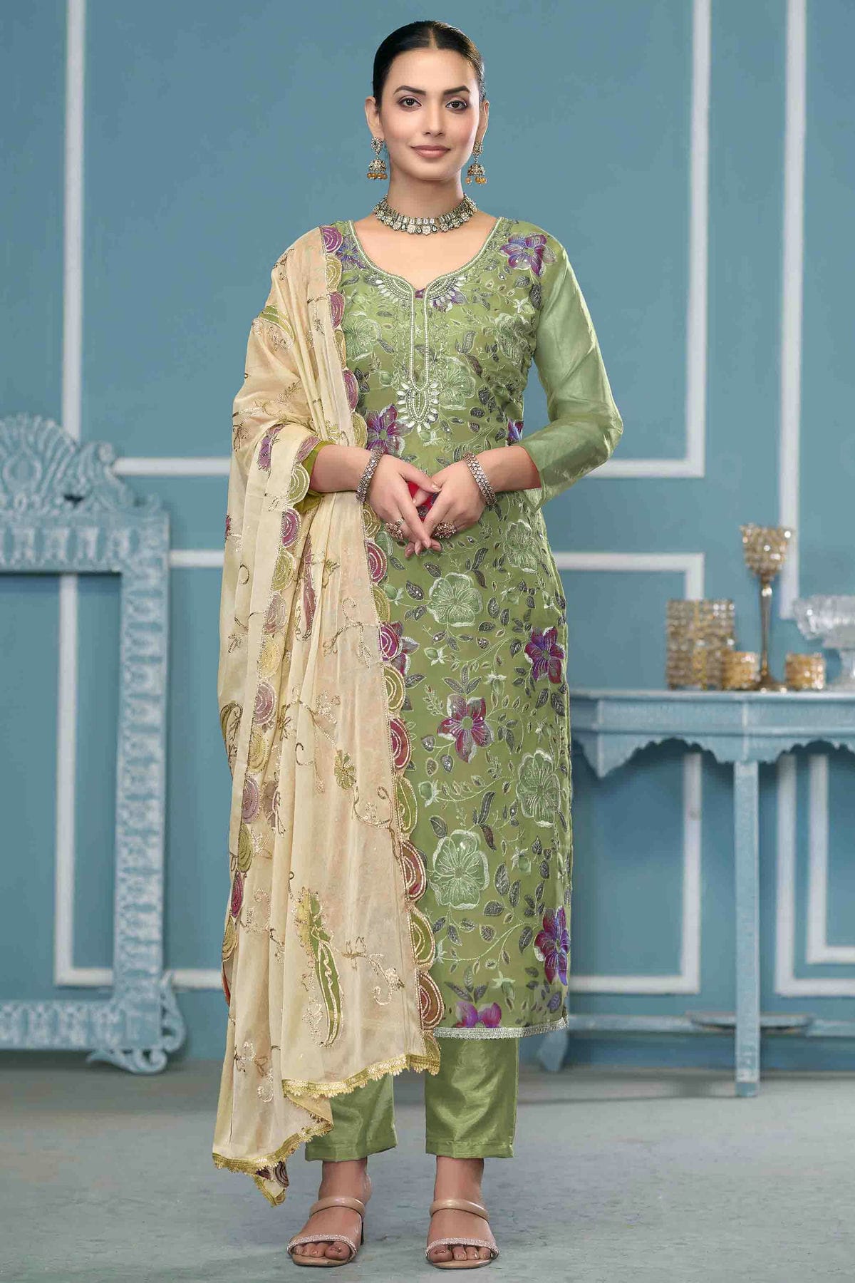 Pista Green Colour Viscose Organza Pant Style Suit VSSM1113265