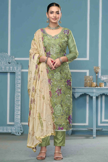 Pista Green Colour Viscose Organza Pant Style Suit VSSM1113265