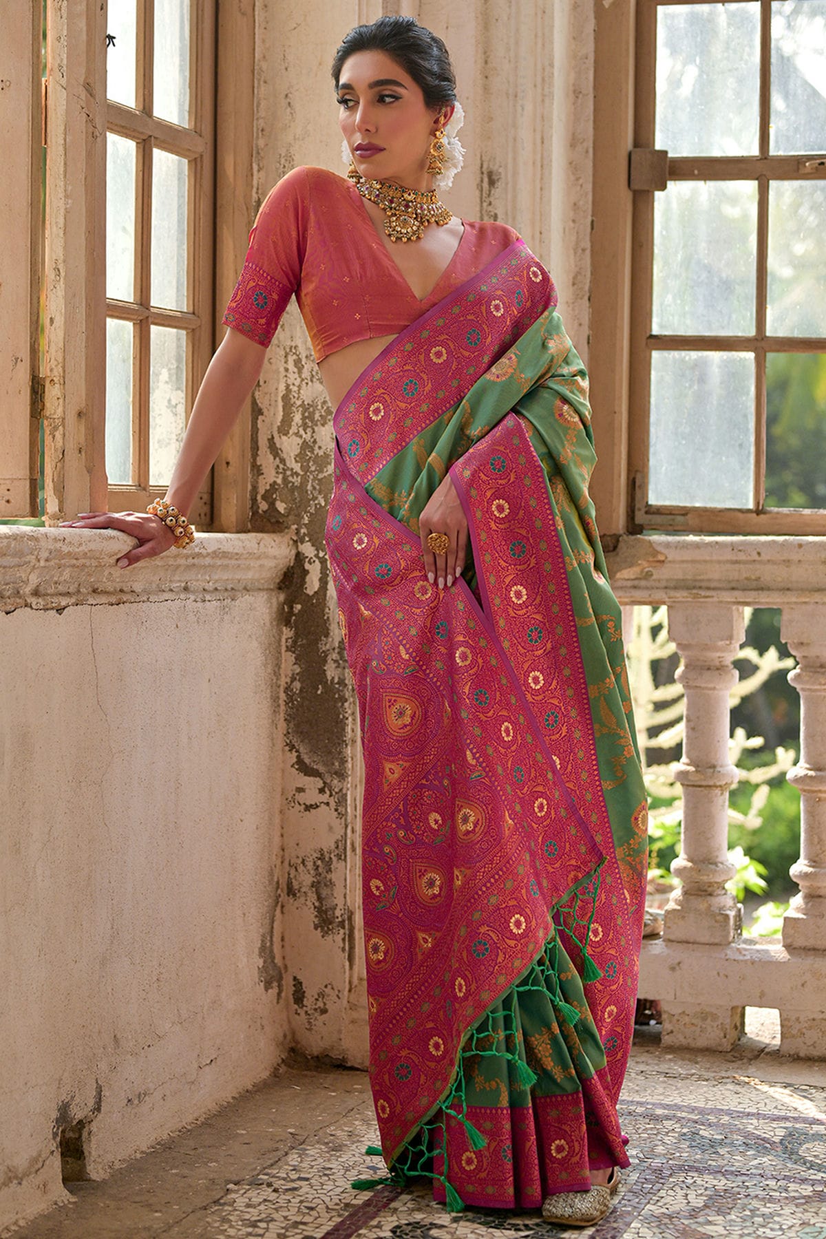 Pista Green Colour Woven Work Banarasi Silk Saree