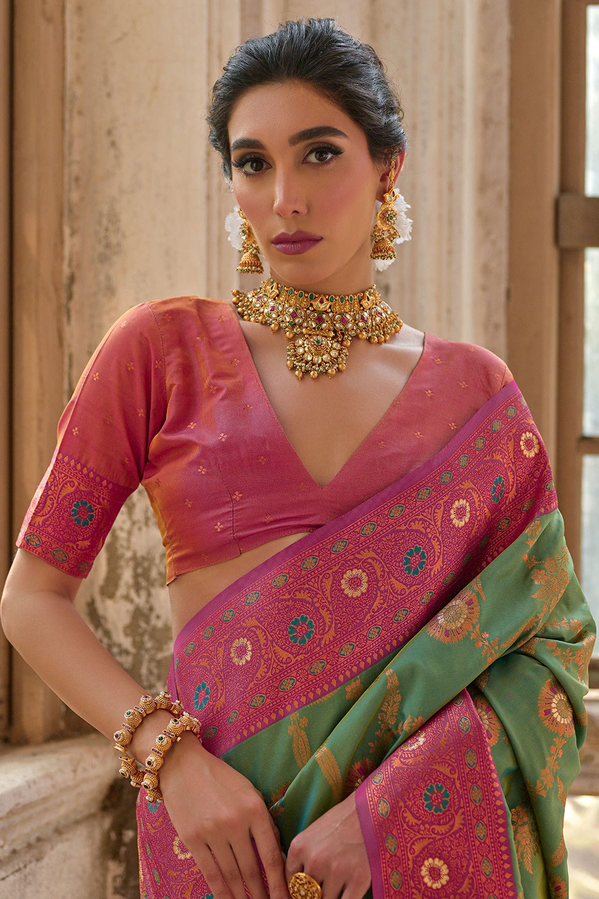 Pista Green Colour Woven Work Banarasi Silk Saree