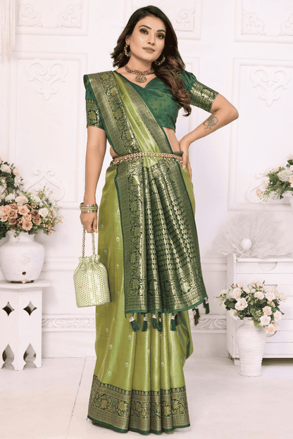 Pista Green Colour Woven Work Pure Banarasi Tissue Silk Traditional Saree