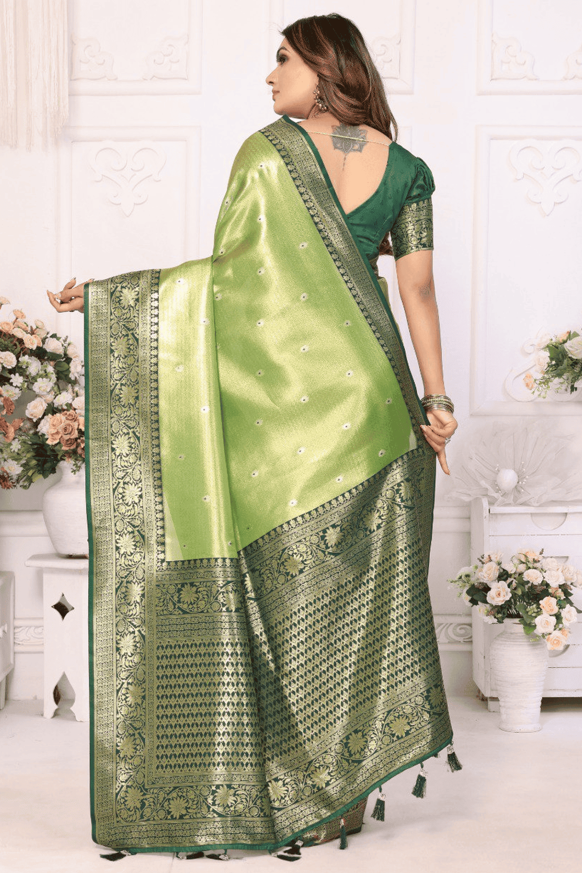 Pista Green Colour Woven Work Pure Banarasi Tissue Silk Traditional Saree