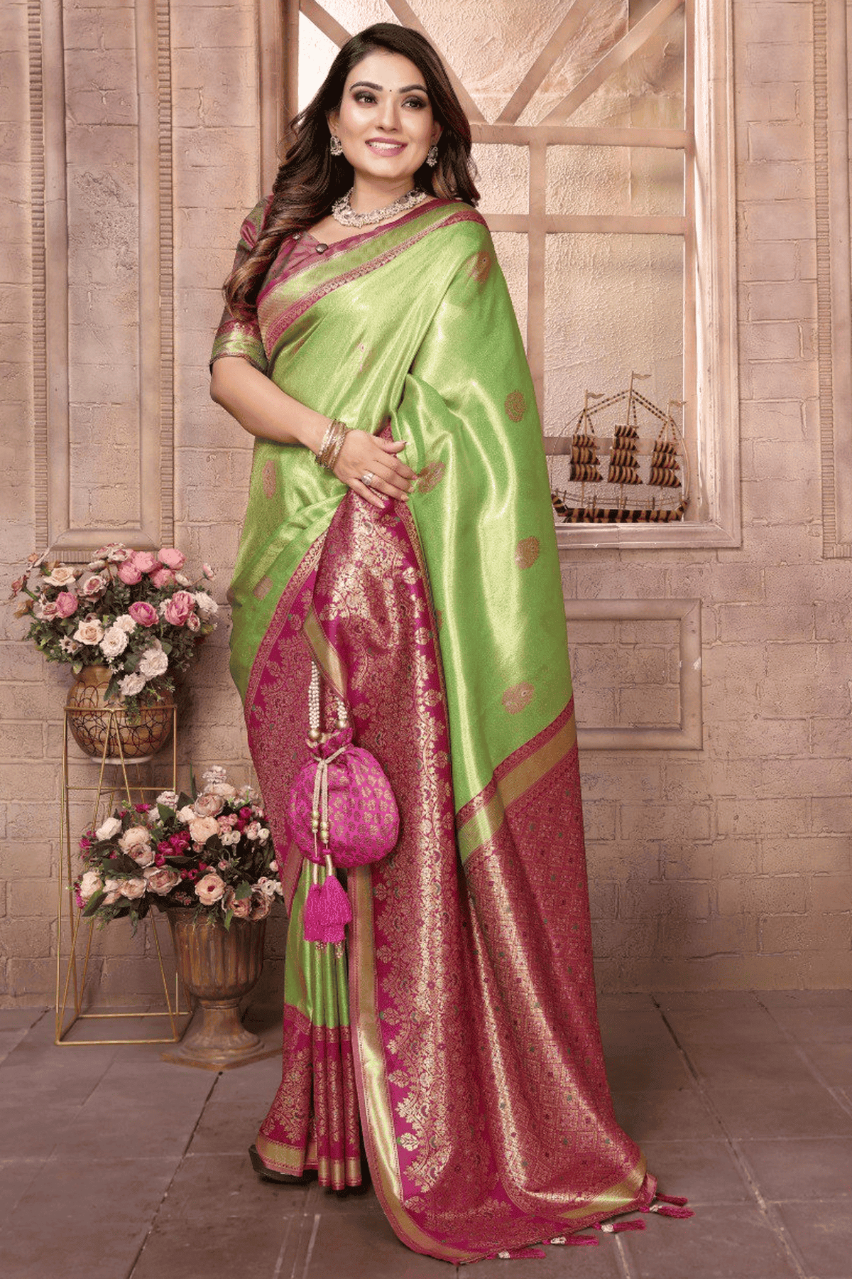 Pista Green Colour Woven Work Pure Banarasi Tissue Silk Traditional Saree