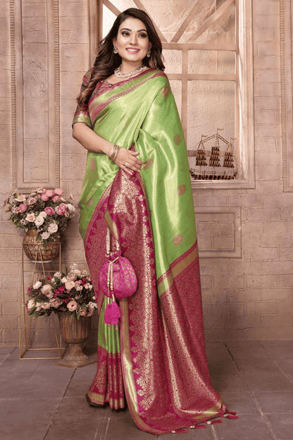 Pista Green Colour Woven Work Pure Banarasi Tissue Silk Traditional Saree