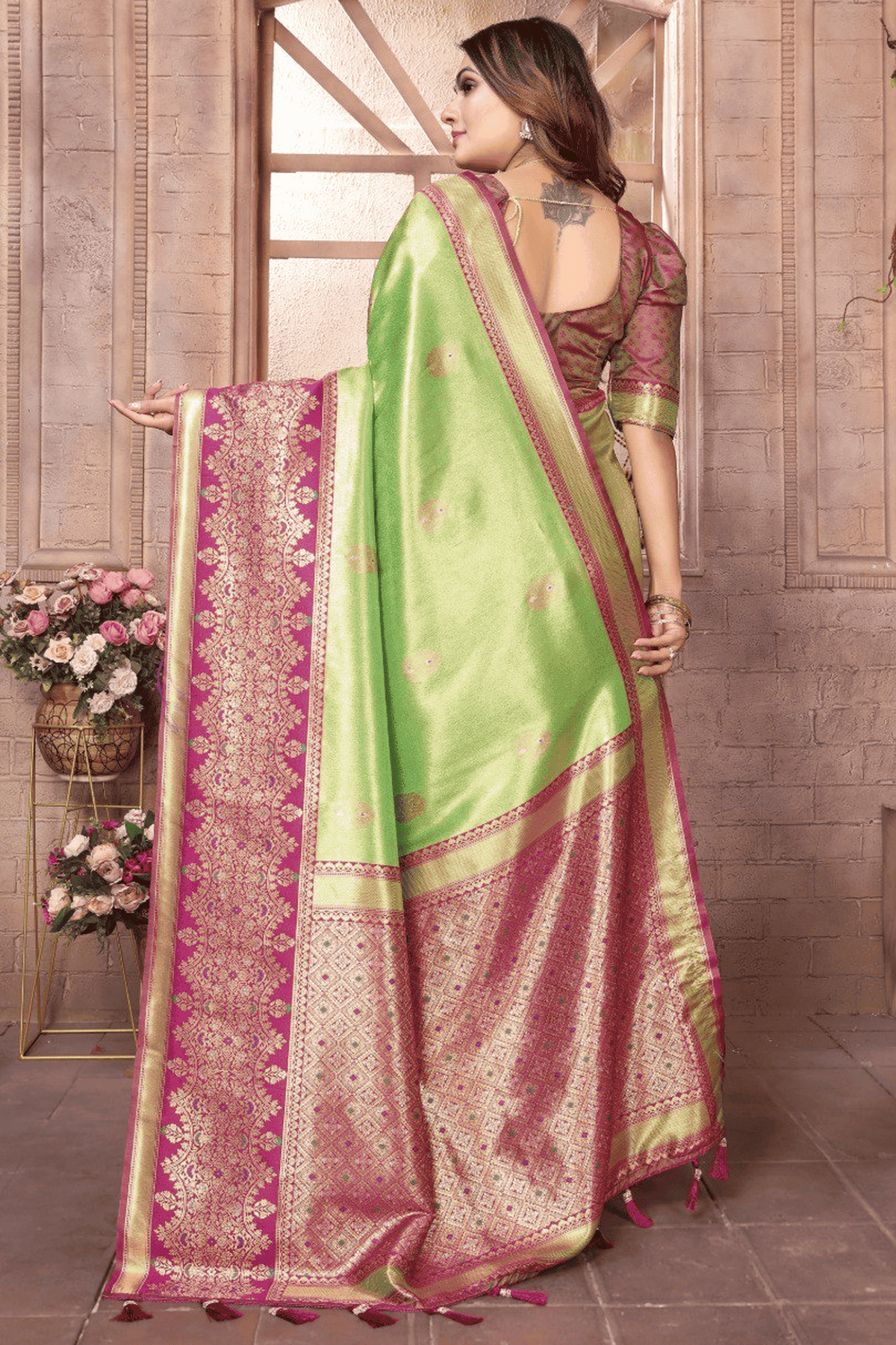 Pista Green Colour Woven Work Pure Banarasi Tissue Silk Traditional Saree