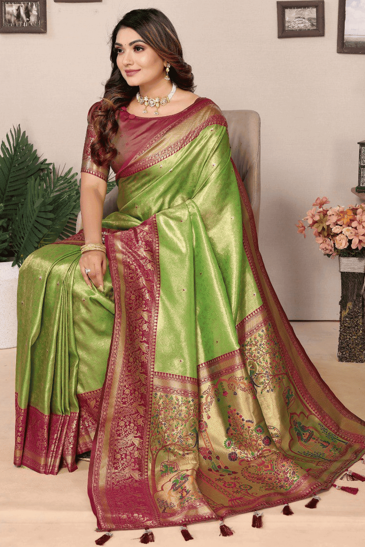 Pista Green Colour Woven Work Pure Banarasi Tissue Silk Traditional Saree