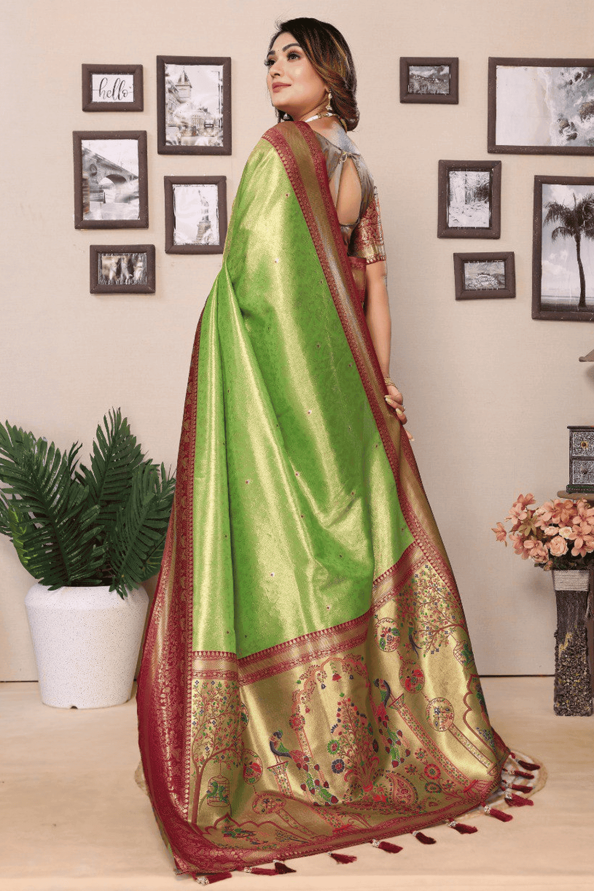 Pista Green Colour Woven Work Pure Banarasi Tissue Silk Traditional Saree